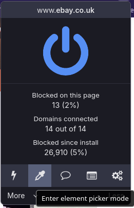 Showing uBlock Origin Element Picker Mode to disable eBay Live sections on the desktop website.